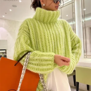 Turtleneck Knit Women Winter Outwear Loose Solid Elegant Long Sleeve