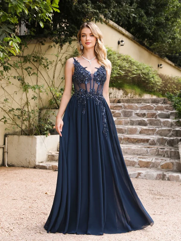 Spaghetti Straps Navy Blue A Line Evening Dresses - Image 6