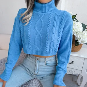 Women Turtleneck Sweater Long Sleeve Casual Knitted Sweater