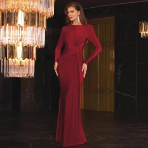 Womens Burgundy Evening Dresses Twise Paded Shoulder Long Sleeve
