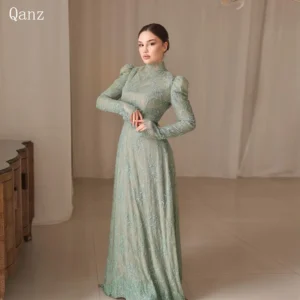 Qanz Sage Green Lace Evening Dresses Appliques Long Sleeves