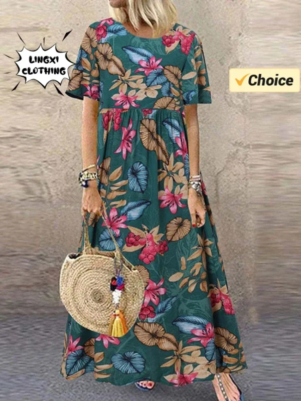 Women's Elegant Plus Size Skirt Loose Round Neck Short Sleeve - Image 3