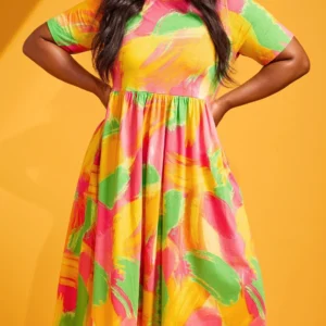Plus Size Women's Rainbow Print Dress Girly Style Knitted Fabric