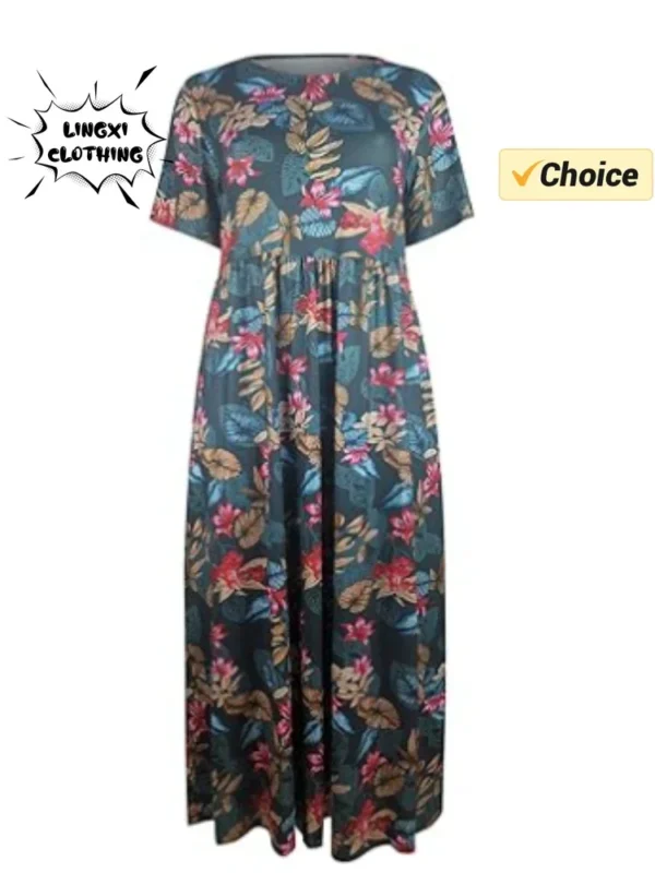 Women's Elegant Plus Size Skirt Loose Round Neck Short Sleeve - Image 5
