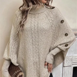 Women's Twisted Sweater Turtleneck Button Bat-sleeve Design