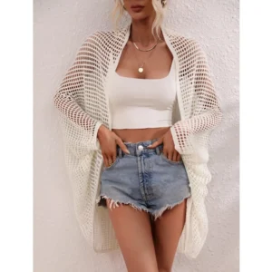 Open Front Longline Cover Up Crochet Knit Cardigan Sweater