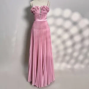 Pink Chiffon 3D Flowers with Sparkly Crystal Pearls Evening Dress