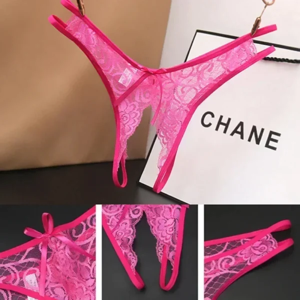 1PC Women's Sexy Bowknot Pearl See Through Lace Open Crotch G-String - Image 2
