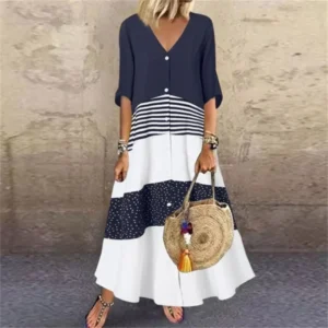 Women's Fashion Short Sleeve Dress V-neck Printed Long