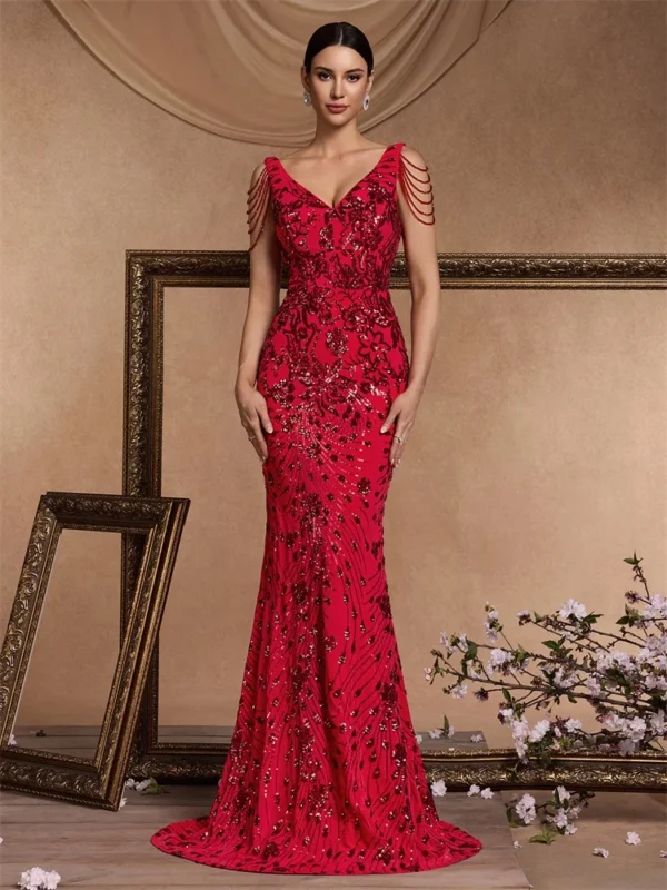 Elegant Deep V-Neck Red Sequin Formal Evening Dresses