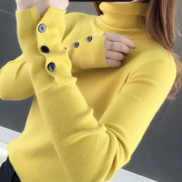 Women Turtleneck Buttons Solid Warm Sweater Long Sleeve - Image 6