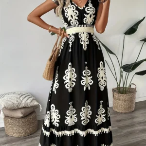 Plus Size Women Elegant Maxi Dress Geometric Pattern Short Sleeve