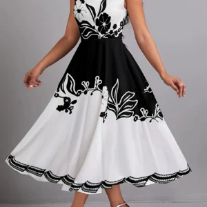 Floral Print Dress - Elegant V-Neck, Short Sleeves