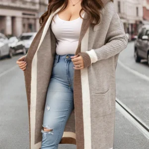 New Women's Stripes Placket Hooded Long Cardigan (With Pocket)