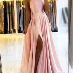 Spaghetti Straps Sexy Slit Ladies Blue A-line Long Satin Evening Dresses