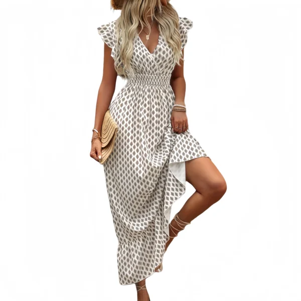 Plus size ladies ruffle cuffs V-neck maxi dress fashionable A-line cut spring - Image 2