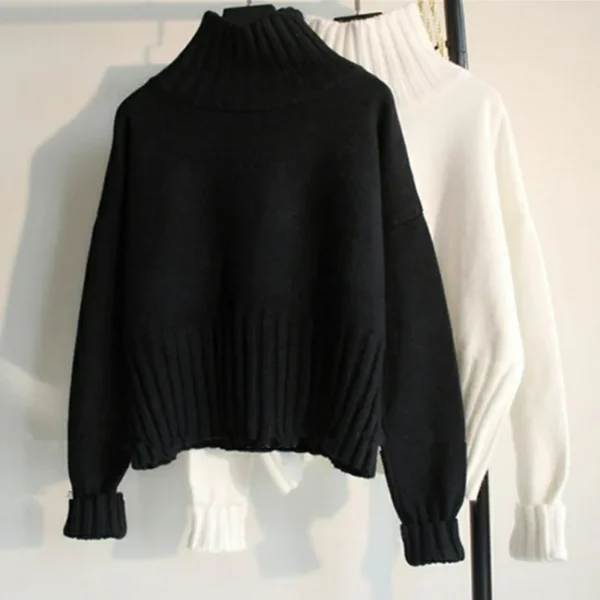 Korean Style Casual Knitted Top Turtleneck Solid Color Round Neck - Image 2