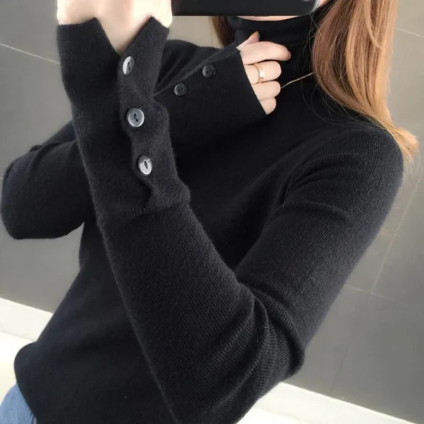 Women Turtleneck Buttons Solid Warm Sweater Long Sleeve - Image 2