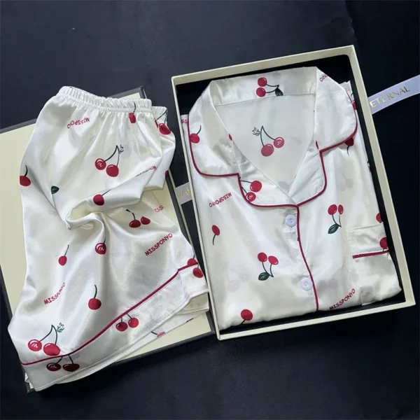 Cherries Print Two Pieces PajamasCasual Shorts and Top Set Pijamas