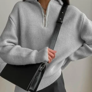 Women's Turtleneck Zippers Fashion Solid Loose Pullover Long Sleeve