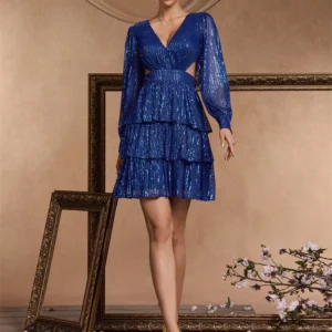 Luxury Royal Blue Stretch Sequin Evening Night Dresses Full Sleeve