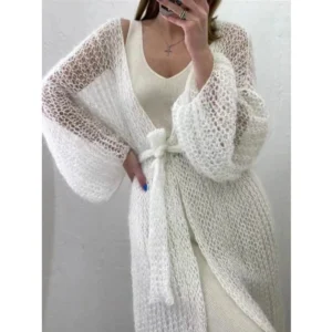 Open Stitch Cardigan Sweater for Women Front Pocket Long Sweater