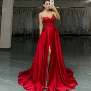 Cathy Customized Red Strapless Side High Split Prom Dresses