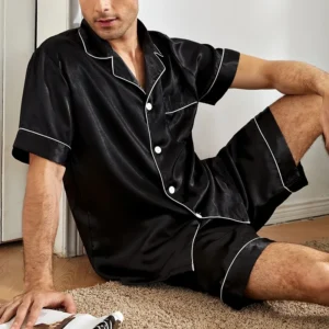 Men Satin Pajama Set Sleepwear for Man Summer Short Sleeve
