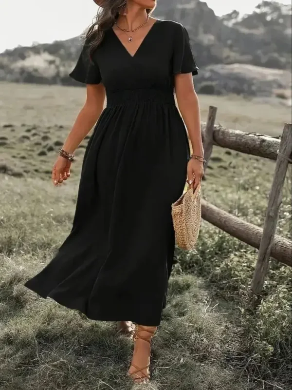 Dress with Cinched Waist - Flattering Short Sleeve - Image 2