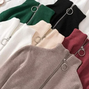Women Fashion Solid Knitted Sweaters Vintage Long Sleeve Zip-up
