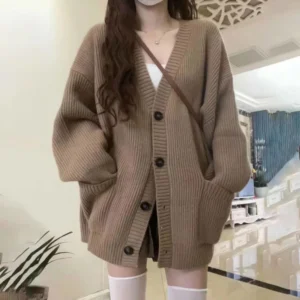 Women Cardigan  Fashion Female Long Sleeve V-neck Loose Knitted Jackets