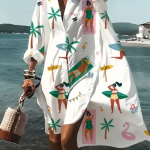 Vibrant Tropical Print Dress for Women's Long Sleeved Pleated Edge