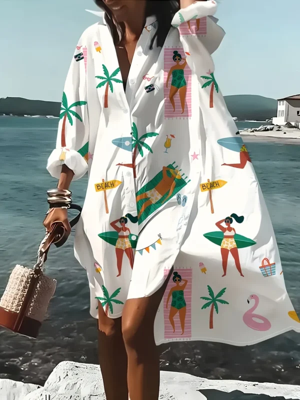 Vibrant Tropical Print Dress for Women's Long Sleeved Pleated Edge