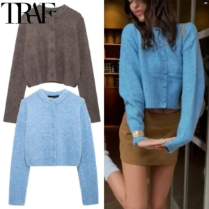 Women's Sweater Knitwears Blue Cropped Sweaters Knitted Cardigan