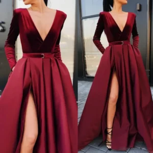 Deep V Long Sleeve Wine Red Dress Sexy Evening Gown Split Skirt