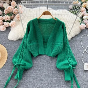 Green Casual Acrylic Long Sleeve Women's  Sweater Short Cardigan