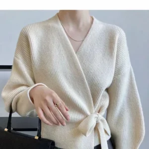 Bow Tie V-Neck Knit Women's Short High Waist Cardigan Sweater Coat