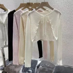 Women Thin Sunscreen Cardigan Lace-up Knitwear Tops Female Korean Style