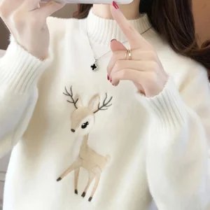 Deer pattern mock turtleneck sweater, long sleeve sweater, women's clothing