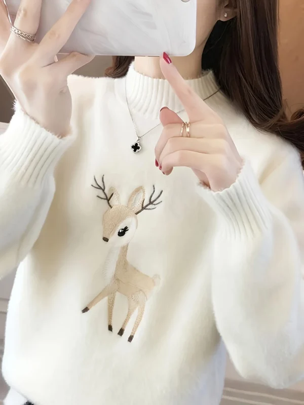 Deer pattern mock turtleneck sweater, long sleeve sweater, women's clothing