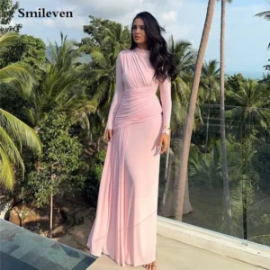 Smileven Crepe Evening Dress Pink Long Sleeve Slim Prom Party Dresses