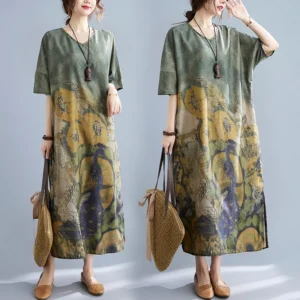 Plus size summer loose V-neck side slit long skirt large women's