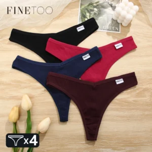4Pcs Cotton Striped Solid Underwear Women Sexy V Waist G-string Panties