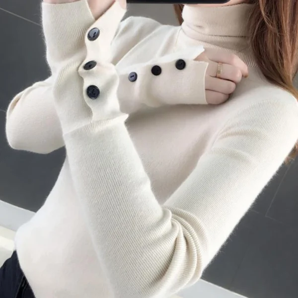 Women Turtleneck Buttons Solid Warm Sweater Long Sleeve