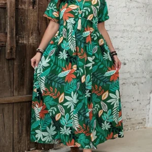 Women's Plus Size Budbu Tropical Print Dress with Ruched Chest Cute Dresses
