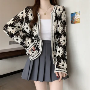 Daisy Crochet Cardigan for Women Openwork Long Sleeve