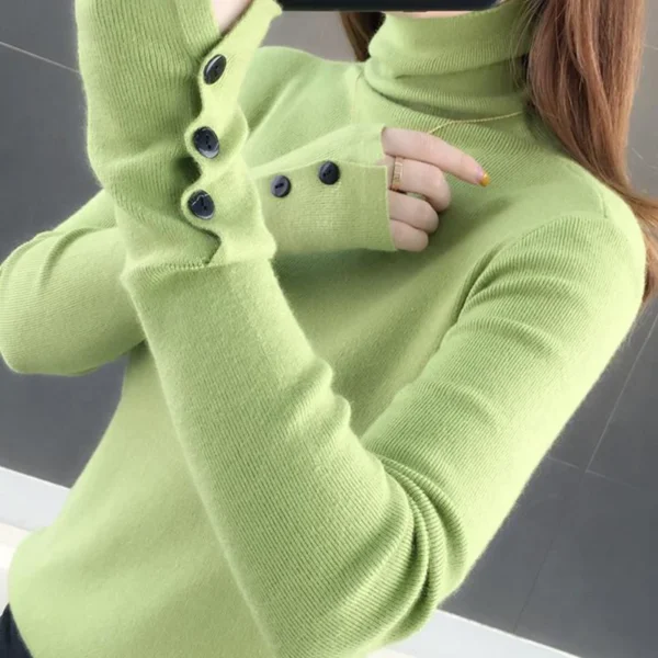 Women Turtleneck Buttons Solid Warm Sweater Long Sleeve - Image 5