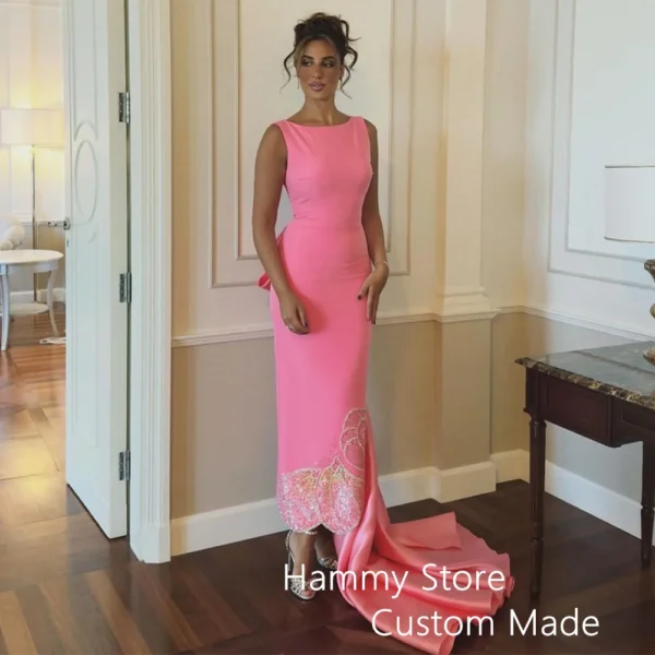 Peach Pink Evening Dress Customized Scoop Sleeveless