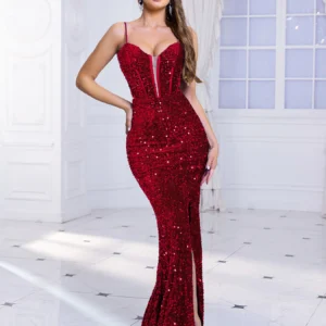 Sexy Lace Up Bonding Party Maxi Dress Sequined Velvet