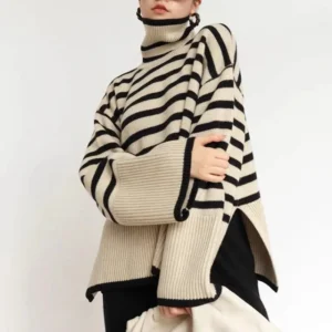 Women's Striped Turtleneck Sweater Design Niche Knitwear Coat